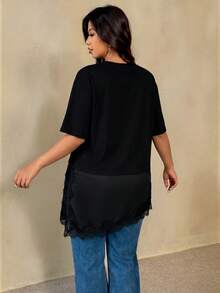 Auralis Plus Size Women's Solid Color Round Neck Short Sleeve Asymmetric Hem Casual T-Shirt Black For Women Lace Trim Formal Summer - Black - View 2