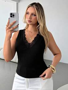 Auralis Damen Große Größen Spitze Patchwork Lässig Vielseitig Alltags Top - Schwarz - Übersicht 6
