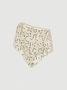 SHEIN MOD Áo khoác ngoài mùa hè dành cho nữ, kiểu dáng rộng rãi, đính sequin, cổ bất đối xứng, thích hợp cho tiệc tùng và nghỉ mát. - Màu be - Xem 2