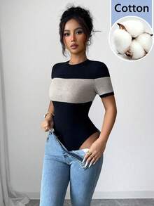 Selianne Women's Casual Sexy Fashion Ribbed Patchwork Design High-Quality Bodysuit, Versatile Short Sleeve Daily Wear, Summer Golf Pastal - Black - View 8