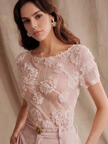 Anewsta Delicate French Style Pink 3D Floral Jacquard Short Sleeve Elegant T-Shirt For Women, Suitable For Dates And Commuting, Spring/Summer - Pink - View 8