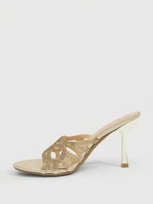 CUCCOO SZL Giày sandal nữ, mùa xuân hè, thiết kế rỗng đính đá, hở mũi, gót nhọn, thích hợp cho tiệc tùng, hộp đêm, sandal cao gót màu vàng nhạt. - Màu vàng nhạt - Xem 4