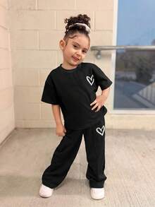 Young Girl Summer School Casual Heart Print Short Sleeve Sweatshirt And Pleated Wide Leg Pants Set,Oversized Round Neck Loose Knit Sweatpants - Black - View 5
