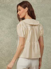 WESTFADE Plaid Collared V-Neck Bow Tie Front Short Puff Sleeve, Festival, Women's Country Clothing - Khaki - View 2