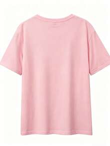 EMERY ROSE Lemon Letter Print Short Sleeve Crew Neck T-Shirt - Soft, Breathable, Micro Elasticity, Casual Top For Summer Spring Vacation Watermelon Pink - Pink - View 2