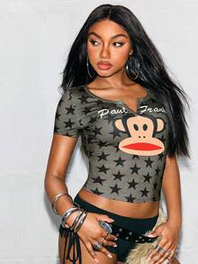 Paul Frank X SHEIN Kaos Wanita Lengan Pendek Leher V, - Hijau Tentara - View 4