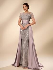 Serin Women's Elegant Luxurious Beaded Embroidered Satin Splice Round Neck Short Sleeve Fishtail Dress,Hot Pink Sequin,Winter,Formal,Wedding Bridal Mother - Champagne - View 6
