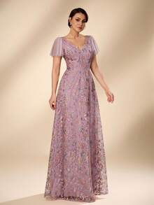 Serin Women's Elegant Luxurious Lotus Pink Beaded Embroidered V-Neck Ruffle Sleeve A-Line Dress, Suitable For All Formal Occasions, Bridal Mother Dress - Dusty Pink - View 6