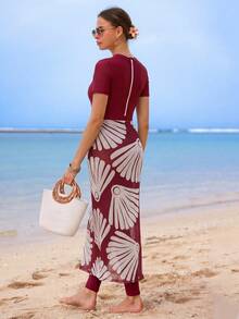 Swim Shayni Spring/Summer Fashion High-End Elegant Bandeau One-Piece Swimwear With Beach Sarong Skirt - Burgundy - View 3