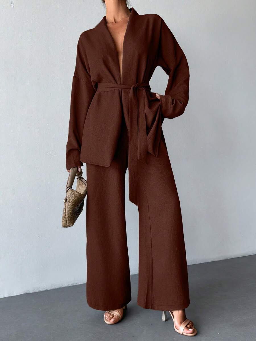 EURMUSE 2 Pieces Set, With Belt Detail, Comfortable Outfit, Suitable For Home And Outdoor Wear - Chocolate Brown - View 1
