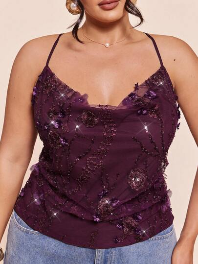 SHEIN BAE Áo hai dây đính hạt màu nâu và tím dành cho nữ cỡ lớn, kiểu dáng thanh lịch gợi cảm, áo vest không tay cho kỳ nghỉ biển.