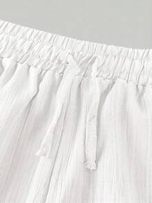 SHEIN Tween Girls' Casual Solid White Textured Fabric Drawstring Bow Wide Leg Pants - White - View 5