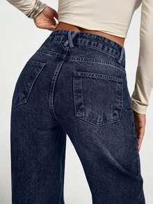 SHEIN PETITE Petite LOW WAIST CASUAL STYLE DENIM STRAIGHT Back-To-School School Dark Blue Autumn - Dark Wash - View 2