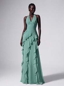 Elitara Women's Solid Color Halter Neck Ruffle Hem Elegant Cinched Waist Formal Evening Gown - Green - View 7