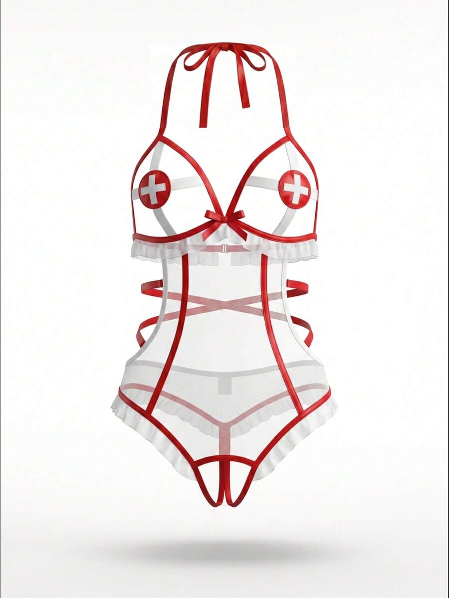 Fantasy Costume Fantasy Costume Trang phục y tá gợi cảm dành cho nữ, thiết kế khoét ngực, hở đáy, thích hợp cho hóa trang Halloween. - trắng - Xem 1