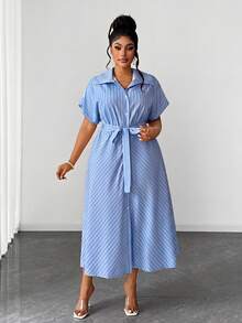 Maweii Plus Size Women Summer Bowknot Decor Pink & White Striped Dress - Blue - View 3