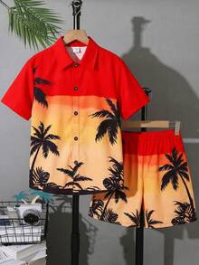 SHEIN 两件套男童舒适休闲日常可爱植物印花夏威夷领短袖衬衫和短裤套装，适合春夏季节、日常穿着、运动、郊游、上学、聚会、节日、拍照、返校、度假、海滩等场合。 - 彩色 - 查看 4
