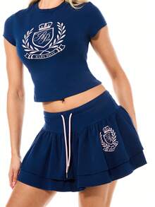 Navy Blue Cropped Top And Ruffle Tiered Mini Skirt Two Piece Matching Set With Logo Emblem Casual Loungewear Outfit For Spring Summer - Royal Blue - View 4