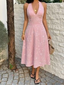 SHEIN SunnyBelle Đầm midi nữ màu xanh dương cổ yếm buộc dây eo chữ V dáng chữ A, thời trang, thanh lịch, lãng mạn, cao cấp, thích hợp cho tiệc sinh nhật, hẹn hò, đi biển mùa hè, thiết kế buộc dây eo giúp thon gọn vóc dáng, thích hợp cho mùa xuân/hè. - Hồng - Xem 7