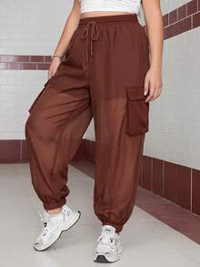 SHEIN EZwear 大码女式休闲运动抽绳腰带翻盖口袋轻薄透气慢跑工装裤 - 鏽棕色 - 查看 1