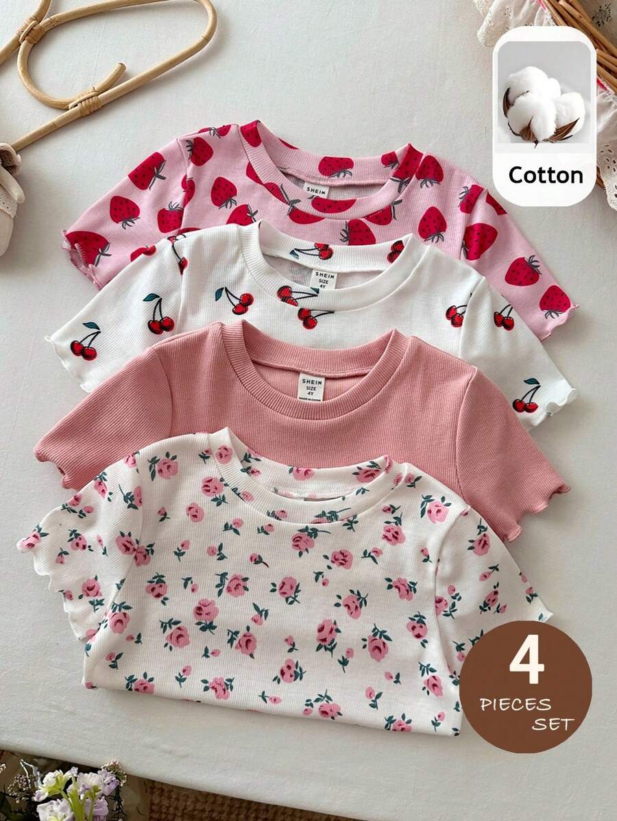 SHEIN Set de 4 camisetas casuales de cuello redondo con estampado sólido y floral para niña - Multicolor - Ver 1
