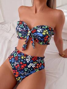 Swim Mod Conjunto de traje de baño con volantes de 2 piezas con estampado floral diminuto, de gran para la playa y el verano - Negro - Ver 3