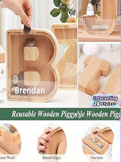 SHEIN Hucha de madera grande con letra inicial, hucha de dinero con alfabeto, regalo divertido para cumpleaños, Navidad, festivales, hucha, caja para contar dinero, letra de alfabeto de madera, hucha, caja de dinero, hucha para adultos, hucha linda, rompecabezas de dinero, hucha>Multicolor