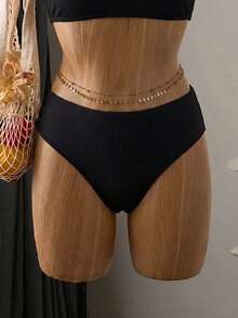 Swim Vcay Bas de maillot de bain texturé de couleur unie pour femmes grandes tailles, bas de bikini décontracté pour villégiature, style minimaliste à la mode, convient pour les vacances à la plage - Noir - Voir 7