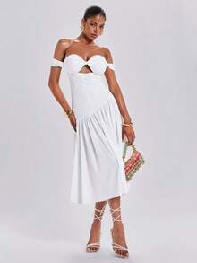 ROMWE Y2K Romantic Sexy White Waist Lace Off-Shoulder Hollow-Out Front Midi Dress For Summer Wedding Vacation - White - View 3