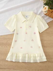 SHEIN Playful Pals 女嬰彩虹印花泡泡袖POLO領荷葉邊下擺黃色洋裝 可愛夏季返校粉黃色休閒短袖 - 黃色 - 查看 2