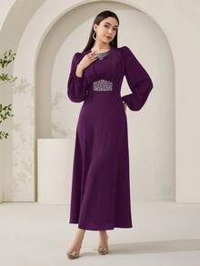 Veilorie Nuevo vestido de cóctel elegante y de lujo con cintura fruncida y adornos de strass, elegante para fiestas - Bold Plum - Ver 7