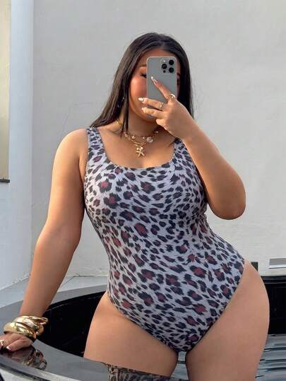 Swim SXY Plus Size Women's Sexy Red & Gray Leopard Print One-Piece Swimsuit, Stylish Square Neck Cut, Suitable For Beach Vacation & Pool Party