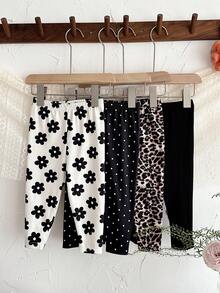 SHEIN 4件套女婴针织纯色、波点、碎花、豹纹图案可爱打底裤，休闲时尚 - 彩色 - 查看 4