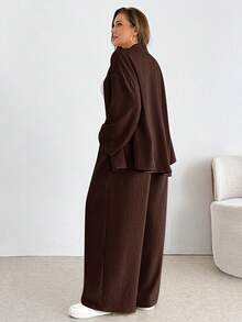 Shapeblank Plus-Size Women's Brown Autumn Smart Casual Everyday Long-Sleeved Cardigan & Elastic Waist Wide-Leg Pant Set,Loose Comfortable Two Pieces Work Outfits - Brown - View 2