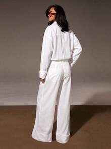 Athîral Jumpsuit Wanita Warna Polos Modis untuk Berpergian - Putih - View 2