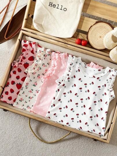 SHEIN Vintaside Kids 3pcs/Set Baby Girls' Summer Casual Outfits, Includes Solid Color & Striped Tops With Ruffle Sleeves, Comfortable & Skin-Friendly, Suitable For Outings, Vacations, And Daily Wear