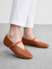 CUCCOO BIZCHIC 女士春季激光切割方头平底鞋，日常休闲舒适 - 棕色 - 查看 3
