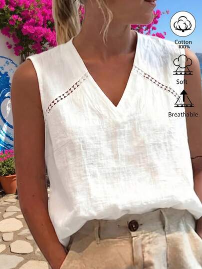 Weeklong Witte mouwloze blouse met V-hals van linnen en katoen, opengewerkte kanten details, landelijke resortstijl, zomerse top in grote maten.