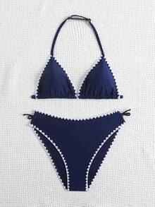 SHEIN Bộ đồ bơi Tankini cho bé gái tuổi teen, áo croptop hai dây phối màu tương phản họa tiết vỏ sò và quần bơi, thích hợp cho kỳ nghỉ biển, mùa hè. - Xanh đậm - Xem 6