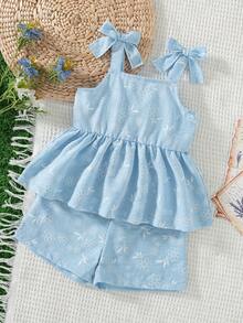 SHEIN Vintaside Kids 2件套女婴幼儿/新生儿0-3岁休闲日常可爱度假条纹蝴蝶结装饰吊带背心+短裤套装，春夏款 - 藍色 - 查看 1