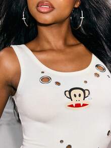 Paul Frank X SHEIN Tank Top Pendek Wanita dengan Desain Kapalan Jagung, - Putih - View 6