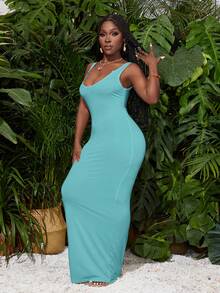 Slaydiva Robe moulante en tricot sans manches de couleur unie pour femmes - Turquoise - Voir 3
