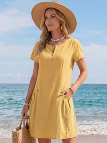 Sylviya Vestido de verano casual de unicolor con cuello con cremallera para mujer - Amarillo - Ver 5