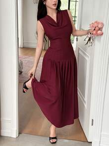 Feyla Women's Solid Color Ruffled Neck Pleated Design Sleeveless Elegant Mid-Length Dress Party Burgundy Summer - Burgundy - View 5