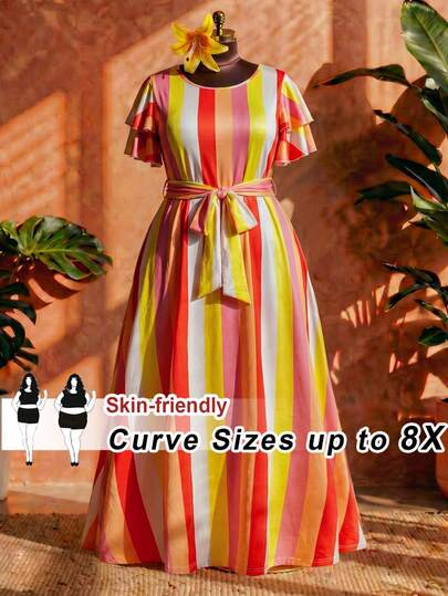 SHEIN CURVE+ 2026 Summer New Arrival, Plus Size Women's Striped Print Ruffle Sleeve Dress, Suitable For Vacation, Daily Dates, Spring Outings. This Flowing Ruffle Sleeve Long Dress Features A Striped Design With Vibrant Colors, Making It An Ideal Choice For Ladies On Vacation.