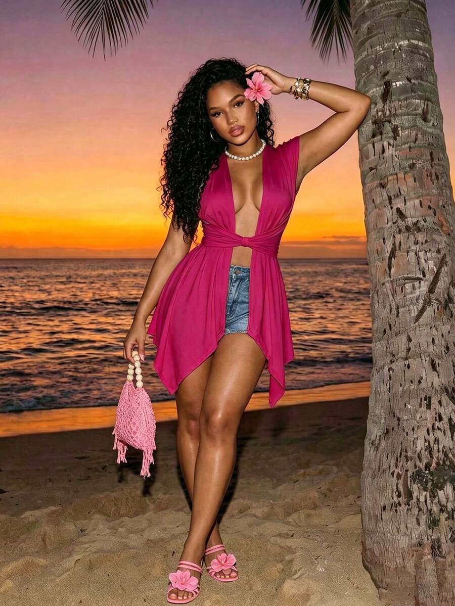 BamGleam Women's Solid Color Ruched Sexy Versatile Date Night T-Shirt - Hot Pink - View 1