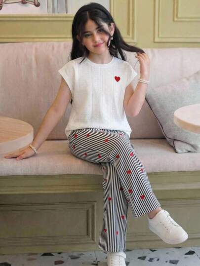 SHEIN Tween Girl Casual Vacation Loose Drop Shoulder Embroidered Heart Decor Round Neck Jacquard Knit T-Shirt And Striped Heart Print Straight Leg Pants Set, White Top And Black & White Striped Pants