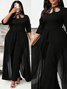 Villa Velisse Plus Size Asymmetrical Hem Cape Embroidered Beaded Short Sleeve Jumpsuit - Black - View 1