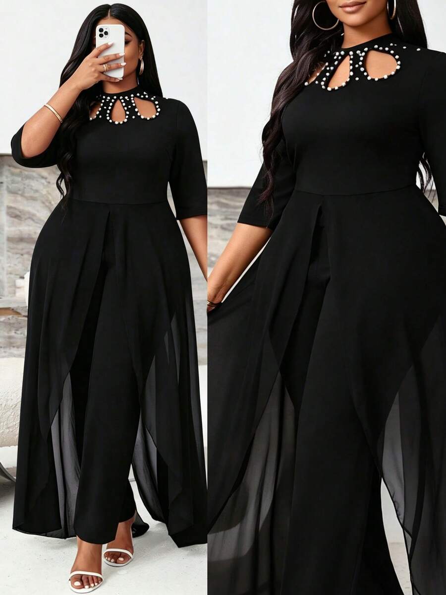 Villa Velisse Plus Size Asymmetrical Hem Cape Embroidered Beaded Short Sleeve Jumpsuit - Black - View 1