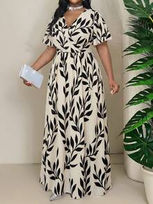 SHEIN Lady Đầm dự tiệc mùa hè dáng rộng in họa tiết lá cây cho nữ cỡ lớn, xếp ly, thích hợp cho các dịp thường ngày. - Nhiều màu - Xem 4